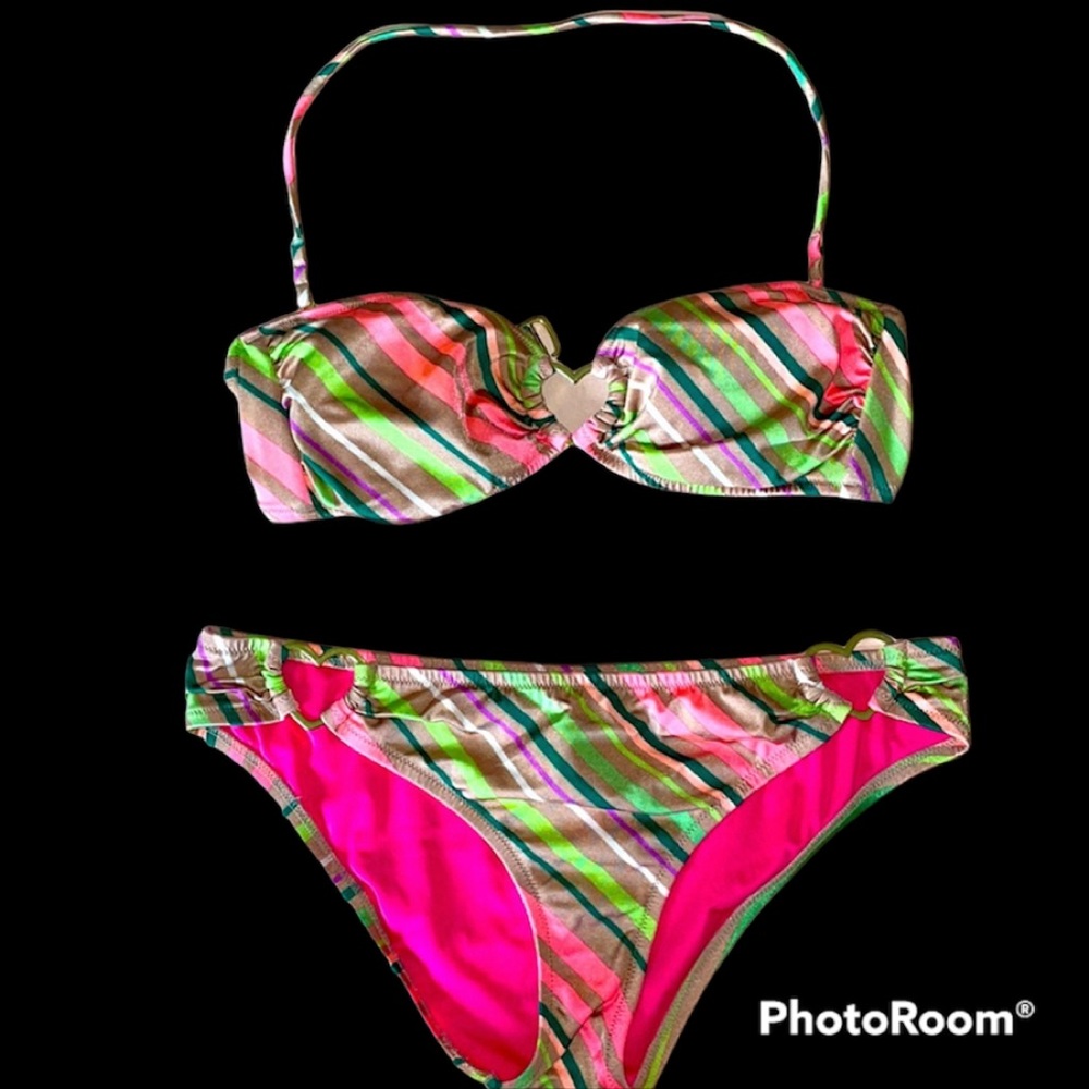 💖HP🌴HTF VS Tan, Colored-striped Bandeau Bikini👙
